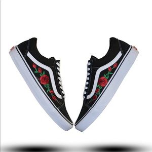 vans black with rose patch sneakers